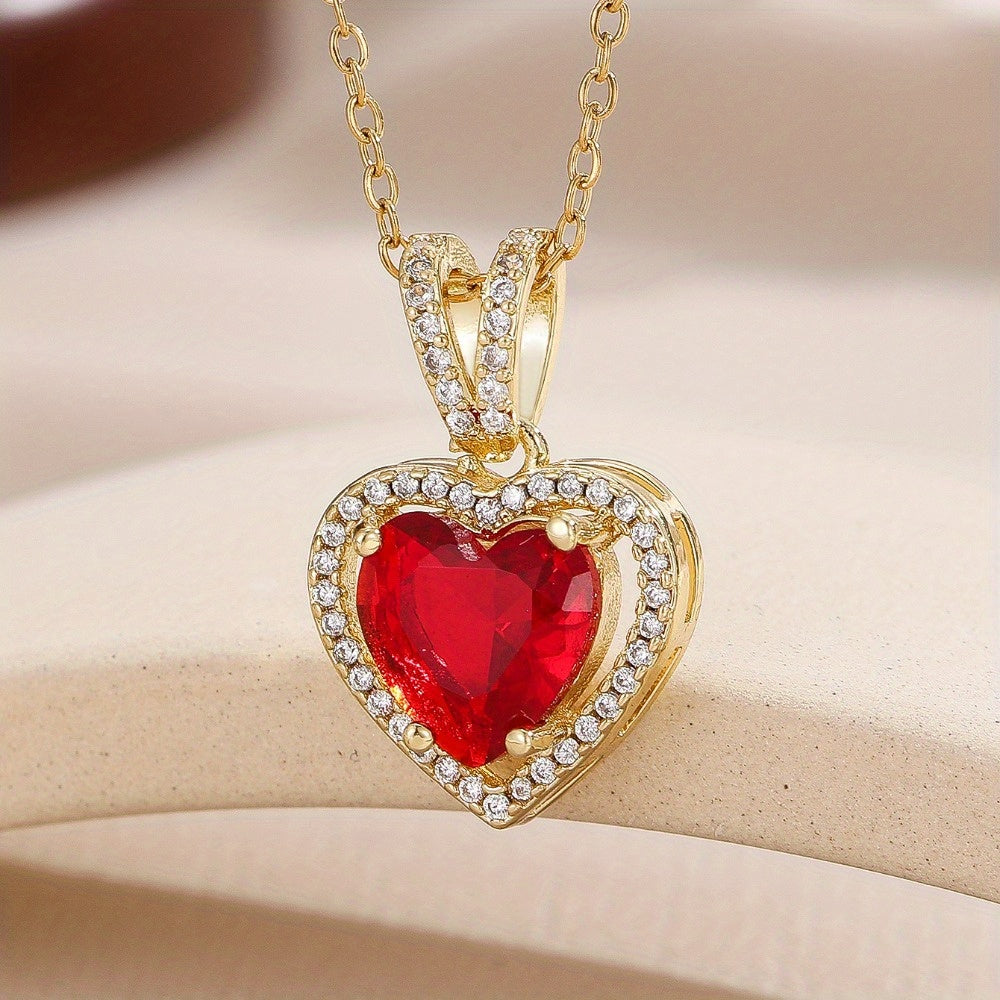 Elegant Stainless Steel Heart-Shaped Pendant Necklace with Cubic Zirconia - Perfect Valentine's Day Gift for Her