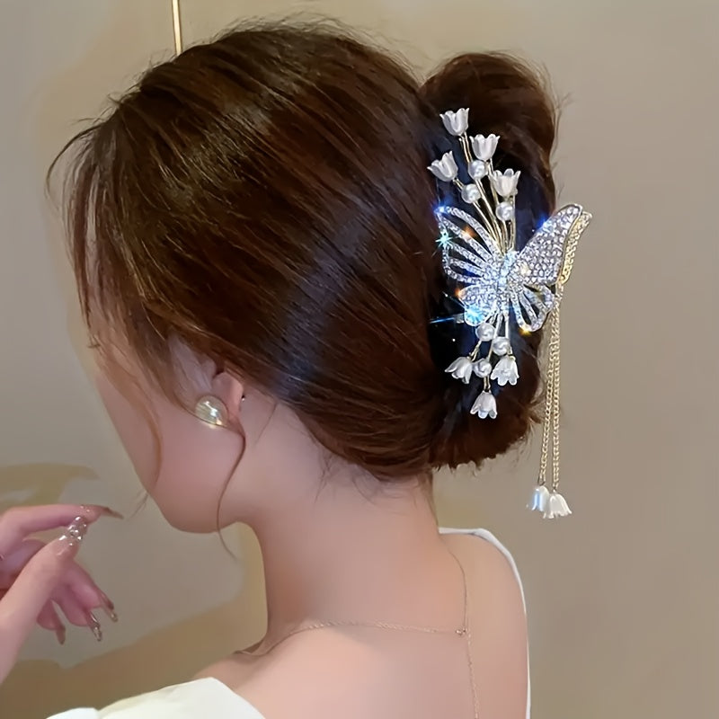 Elegant Butterfly Rhinestone Pearl Tassel Hair Clip – Large Zinc Alloy Fairy Accessory with Sparkling Crystals and Pearls, Perfect for Updos and Special Occasions, Butterfly Decorations