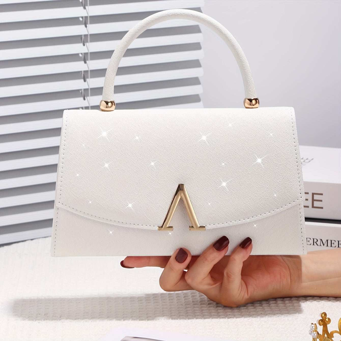 Elegant White Evening Clutch with Sequin Embellishment, Large Capacity Tote with V-Shaped Metal Detail, Anti-Theft Buckle Closure, Nylon Lined, Polyester Material, Urban Style for Weddings, Parties, Birthdays, Valentine'S Day