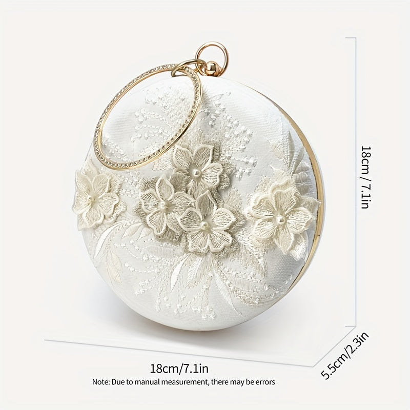 Floral Embroidery Round Evening Bag, Clutch Wedding Purse For Women, Party Banquet Flower Bag Hanfu Accessories