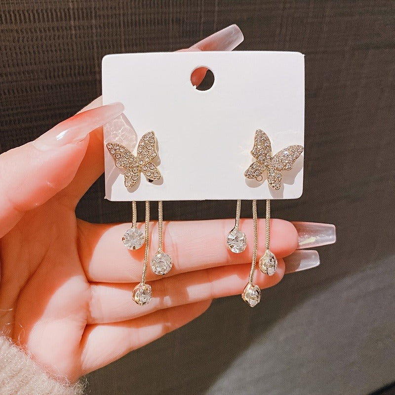 Elegant Butterfly Design Dangle Earrings with Sparkling Zirconia Accents - Golden-Tone Alloy, Perfect for Weddings & Everyday Glamour, Butterfly Earrings