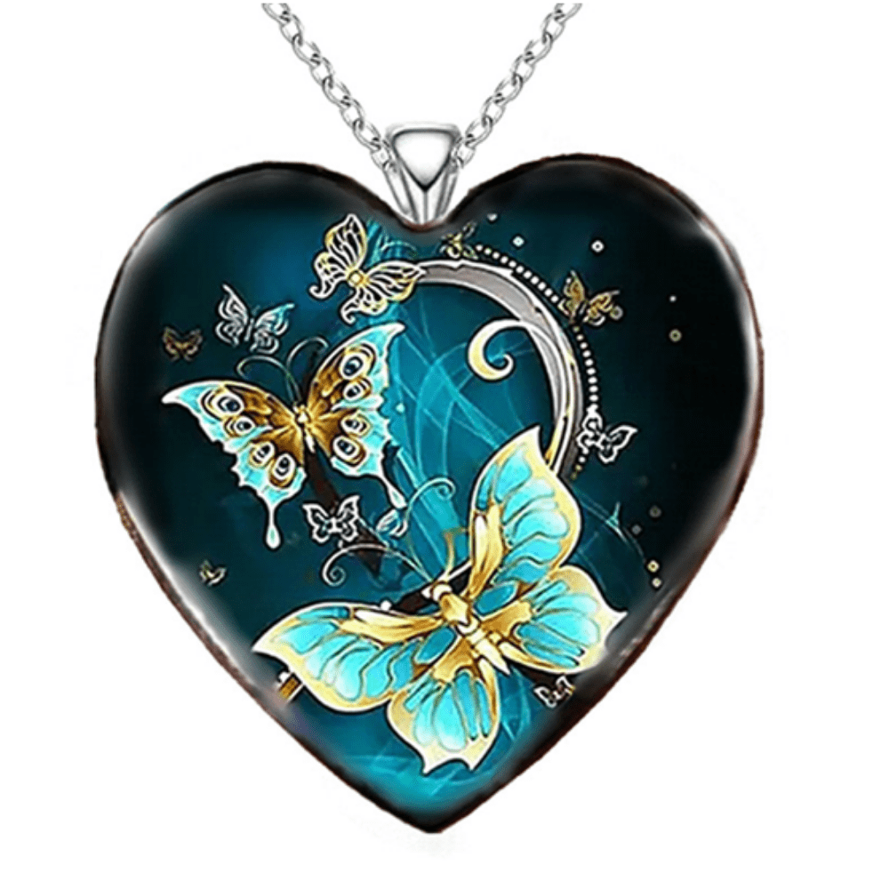 Exquisite Heart-shaped Blue And Green Butterfly Pattern Alloy Pendant Necklace For Gift Ornament Accessory Fashion Jewelry