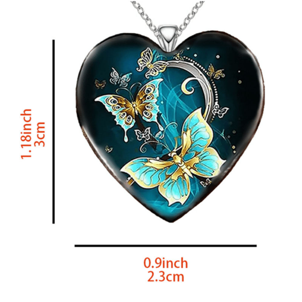 Exquisite Heart-shaped Blue And Green Butterfly Pattern Alloy Pendant Necklace For Gift Ornament Accessory Fashion Jewelry