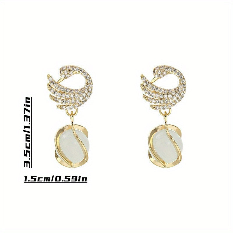 Elegant Swan Pendant Earrings - 14k Golden Plated, Alloy with Resin Accents, Perfect for Birthday & New Year Gifts