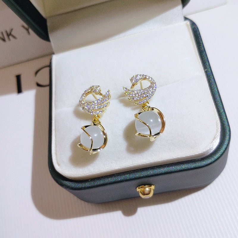 Elegant Swan Pendant Earrings - 14k Golden Plated, Alloy with Resin Accents, Perfect for Birthday & New Year Gifts