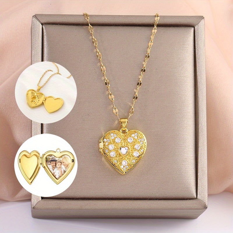 Halskette mit Herzanhänger zum Öffnen mit Kupfer- und Zirkonia-Dekor, Halskette mit Foto-Medaillon-Anhänger und Blumenmuster, ideale Wahl für Geschenke
