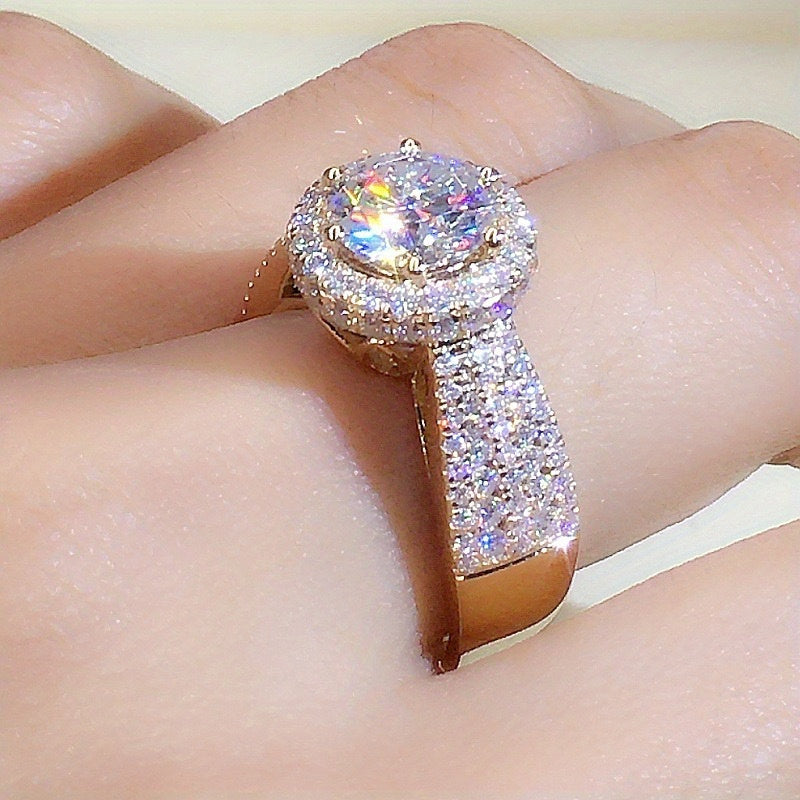 Luxurious Sparkling Engagement Ring for Women, 1 Piece Fashion Alloy with Synthetic Cubic Zirconia, No-Plating Single Ring for Wedding, Anniversary, Valentine's Day, and Birthday Gift Jewelry