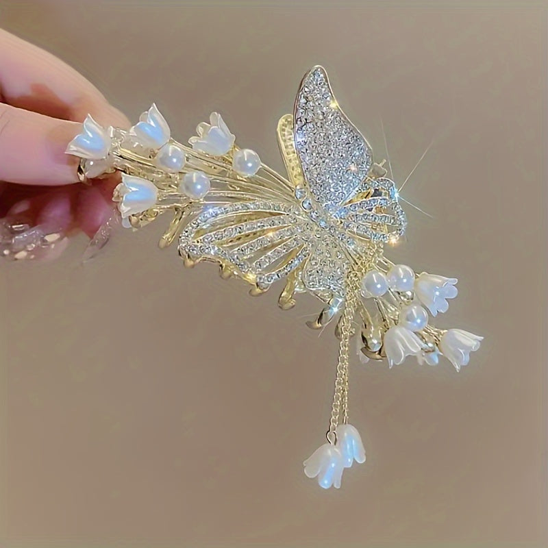 Elegant Butterfly Rhinestone Pearl Tassel Hair Clip – Large Zinc Alloy Fairy Accessory with Sparkling Crystals and Pearls, Perfect for Updos and Special Occasions, Butterfly Decorations