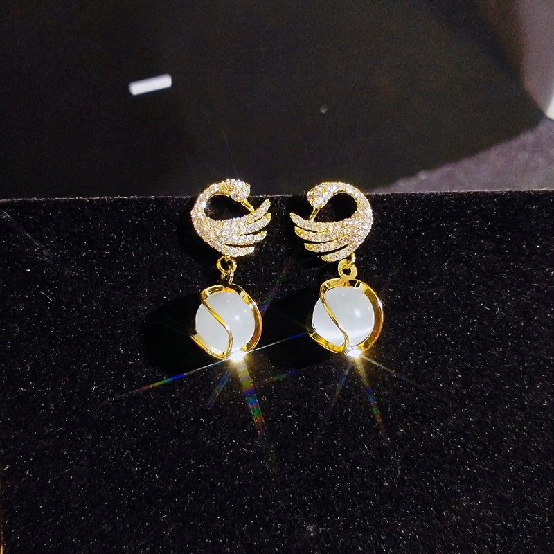 Elegant Swan Pendant Earrings - 14k Golden Plated, Alloy with Resin Accents, Perfect for Birthday & New Year Gifts