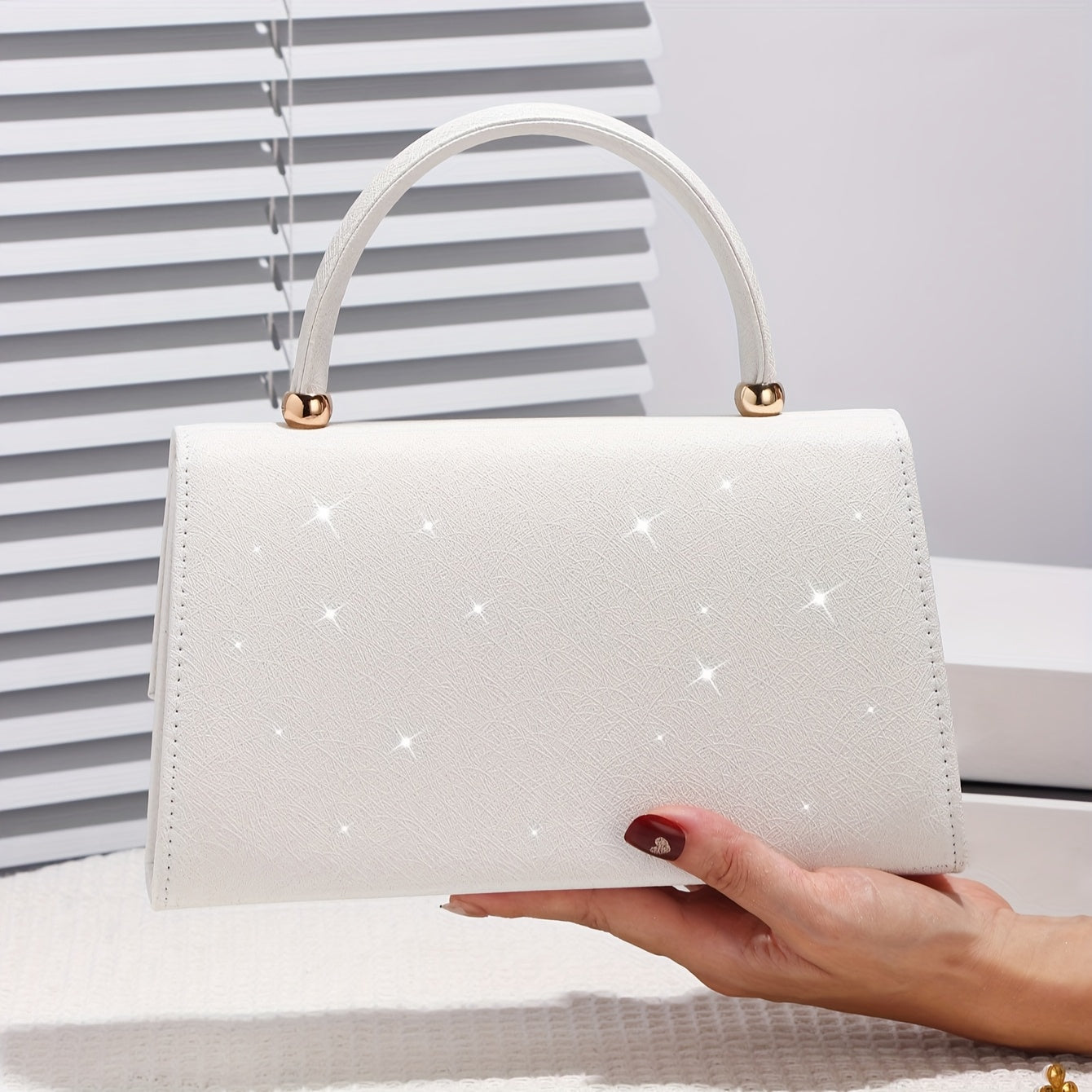 Elegant White Evening Clutch with Sequin Embellishment, Large Capacity Tote with V-Shaped Metal Detail, Anti-Theft Buckle Closure, Nylon Lined, Polyester Material, Urban Style for Weddings, Parties, Birthdays, Valentine'S Day