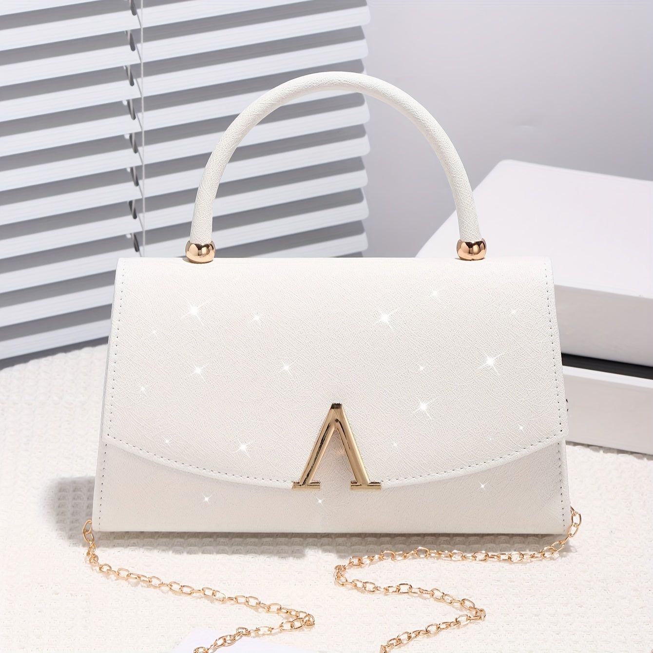 Elegant White Evening Clutch with Sequin Embellishment, Large Capacity Tote with V-Shaped Metal Detail, Anti-Theft Buckle Closure, Nylon Lined, Polyester Material, Urban Style for Weddings, Parties, Birthdays, Valentine'S Day