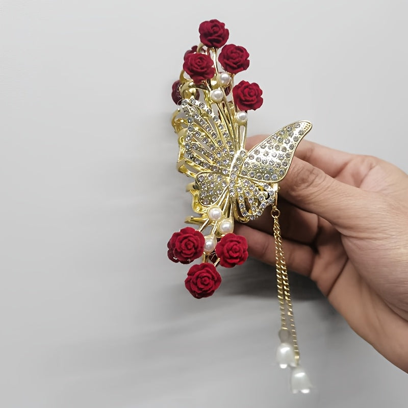 Elegante Schmetterlings-Haarnadeln aus Legierung mit Strasssteinen und Kunstperlen, große Haaraccessoires aus Metallquaste für Damen, perfekte Geschenkidee
