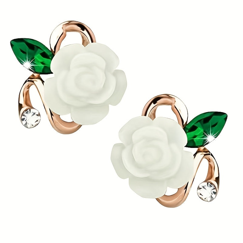 Elegant Rose Flower Stud Earrings with Sparkling Rhinestones - Chic Alloy & Resin Design for Women, Perfect for Daily Wear or Gifting