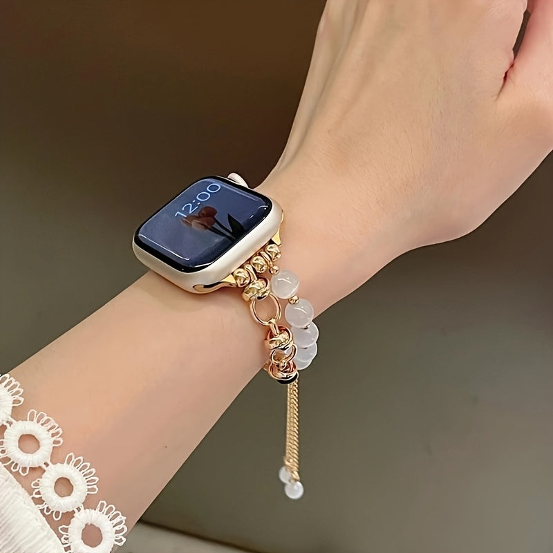 Elegant Women's Cat Eye Stone Bracelet Band Compatible with Apple Watch, Golden-Tone Alloy, Fits 38/40/41mm - Stylish Daily & Party Accessory