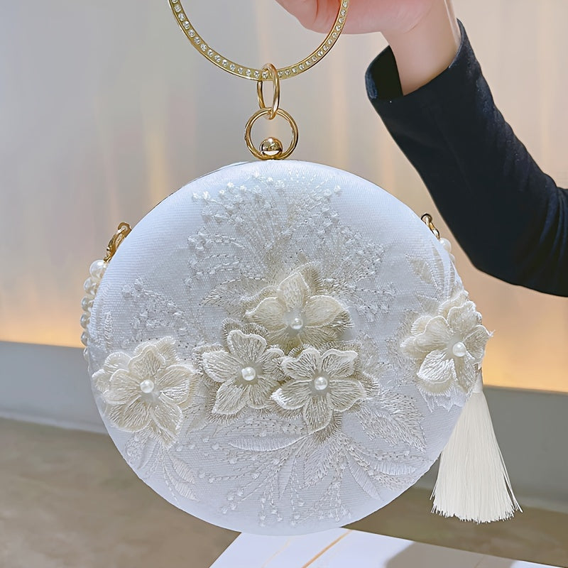 Floral Embroidery Round Evening Bag, Clutch Wedding Purse For Women, Party Banquet Flower Bag Hanfu Accessories