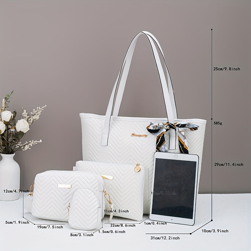Flower-pressed Water Ripple Elegant Four-piece Set Tote Bag with Super Large Capacity Can Hold Tablet, Handbag, Crossbody Bag, Daily Commuting, Portable and Simple