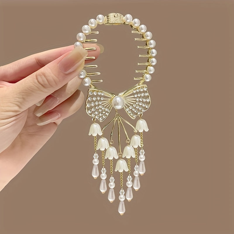 New High-end Bun Head Girl Retro Rhinestone Imitation Pearl Lily Of The Valley Back Hairpin