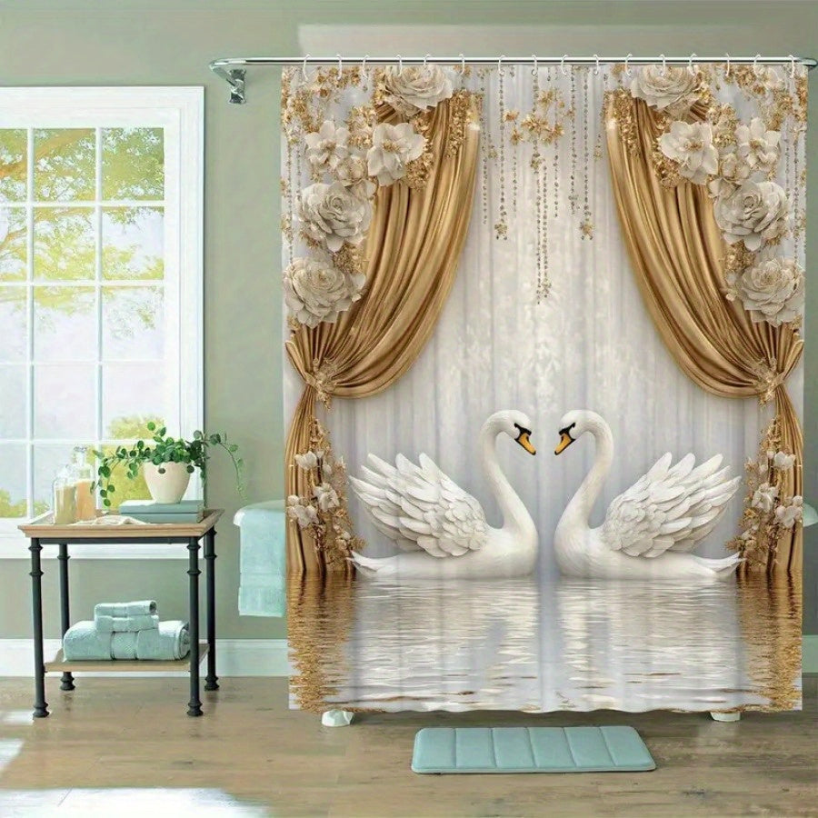 Elegant Swan Design Bathroom Drapery - Waterproof Woven Polyester Fabric with Easy Hang Hooks, Machine Washable, Artistic Floral & Golden Accents, Suitable for Home & Hotel