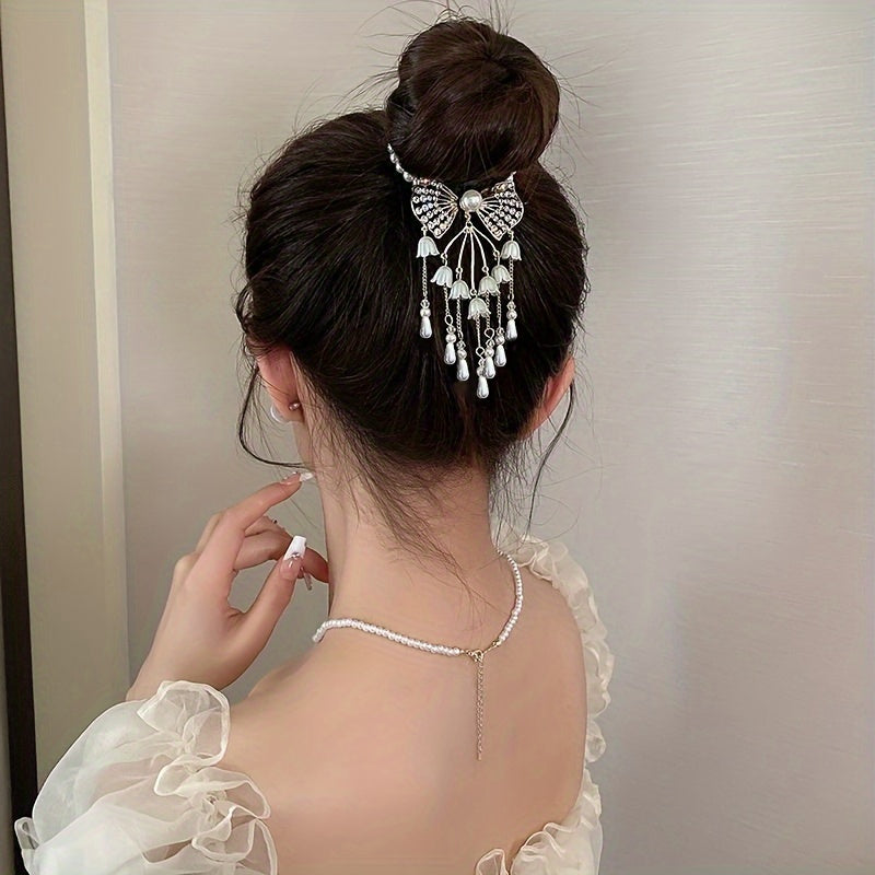 New High-end Bun Head Girl Retro Rhinestone Imitation Pearl Lily Of The Valley Back Hairpin