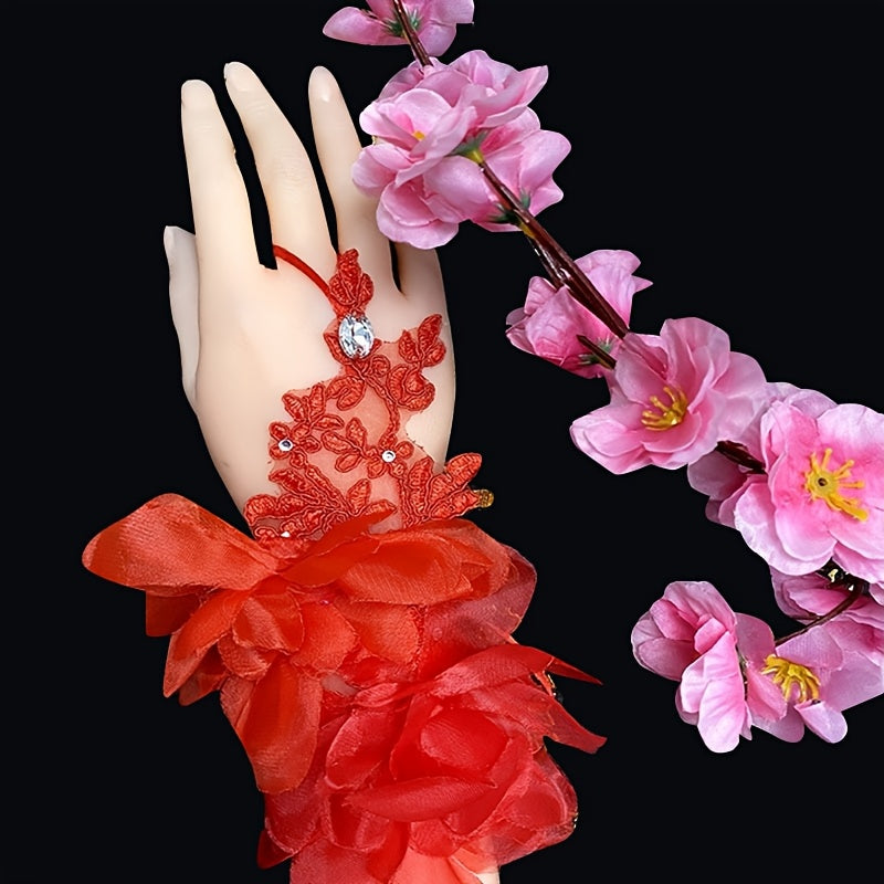 Elegante Brauthandschuhe aus Spitze mit floralem Hohldesign und Schmuckstein-Akzenten, kurzer fingerloser Hakenstil für das Brautkleid – Polyester