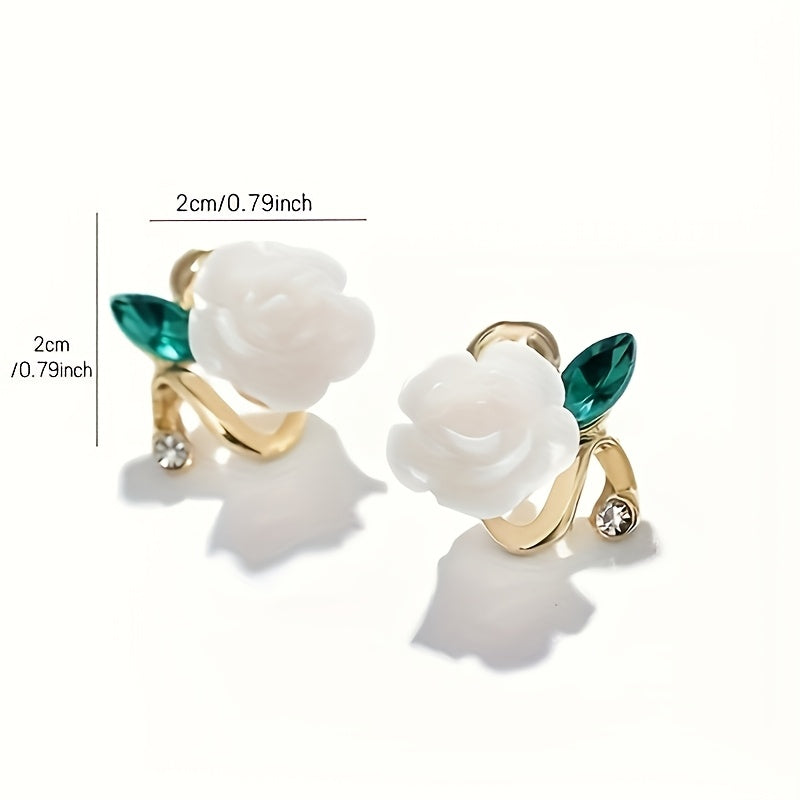 Elegant Rose Flower Stud Earrings with Sparkling Rhinestones - Chic Alloy & Resin Design for Women, Perfect for Daily Wear or Gifting