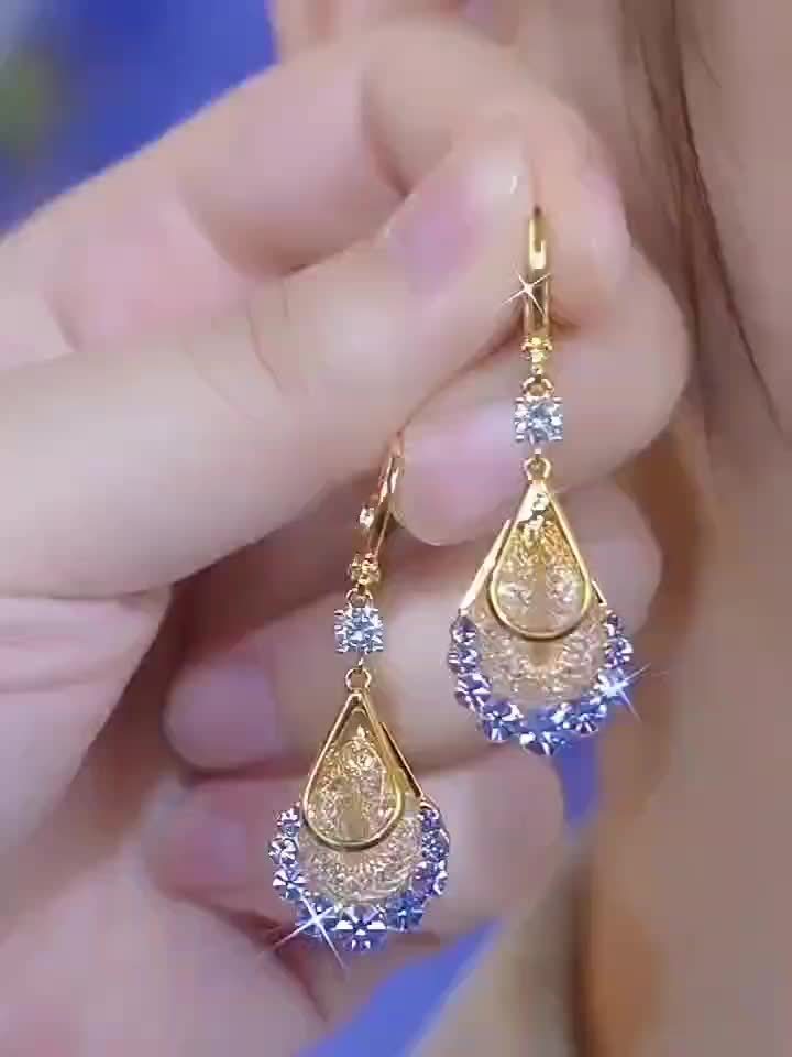 New Golden Wire Mesh Artificial Crystal Droplet Shaped Pendant Earrings, Adorned with Rhinestone, Women'S Fashionable And Elegant Super Shiny Earrings, Perfect Jewelry Accessories And Gifts