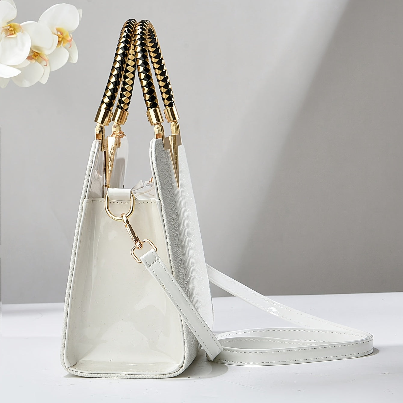 Fashion Crocodile Pattern Solid Color Large Capacity Tote Bag, White Women'S Handbag with Zipper Closure and Polyester Lining