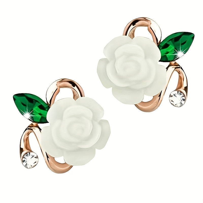 Elegant Rose Flower Stud Earrings with Sparkling Rhinestones - Chic Alloy & Resin Design for Women, Perfect for Daily Wear or Gifting