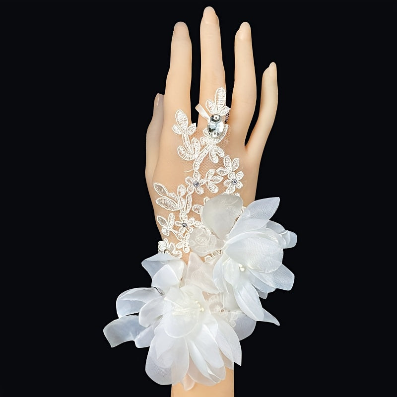 Elegante Brauthandschuhe aus Spitze mit floralem Hohldesign und Schmuckstein-Akzenten, kurzer fingerloser Hakenstil für das Brautkleid – Polyester