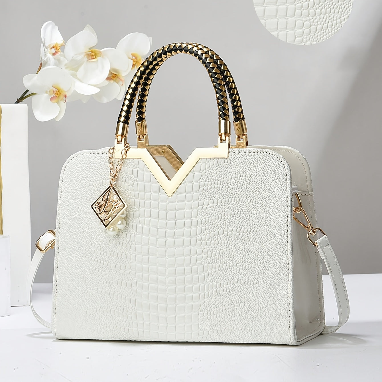 Fashion Crocodile Pattern Solid Color Large Capacity Tote Bag, White Women'S Handbag with Zipper Closure and Polyester Lining