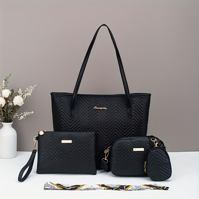 Flower-pressed Water Ripple Elegant Four-piece Set Tote Bag with Super Large Capacity Can Hold Tablet, Handbag, Crossbody Bag, Daily Commuting, Portable and Simple