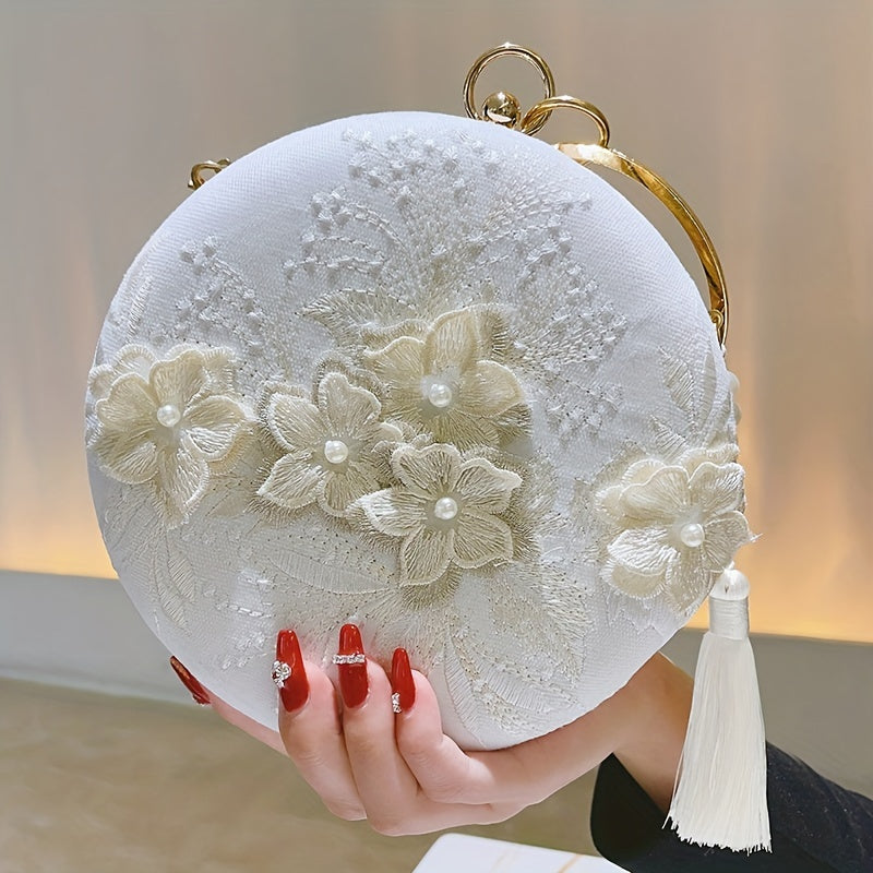 Floral Embroidery Round Evening Bag, Clutch Wedding Purse For Women, Party Banquet Flower Bag Hanfu Accessories