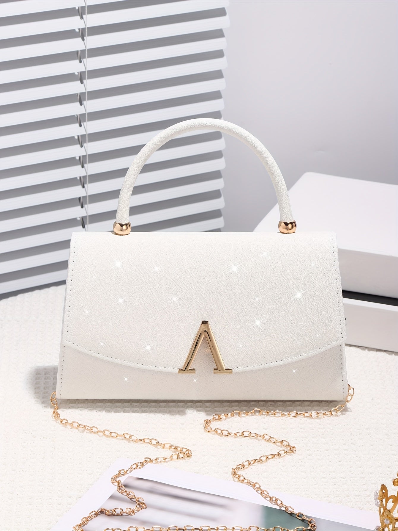 Elegant White Evening Clutch with Sequin Embellishment, Large Capacity Tote with V-Shaped Metal Detail, Anti-Theft Buckle Closure, Nylon Lined, Polyester Material, Urban Style for Weddings, Parties, Birthdays, Valentine'S Day
