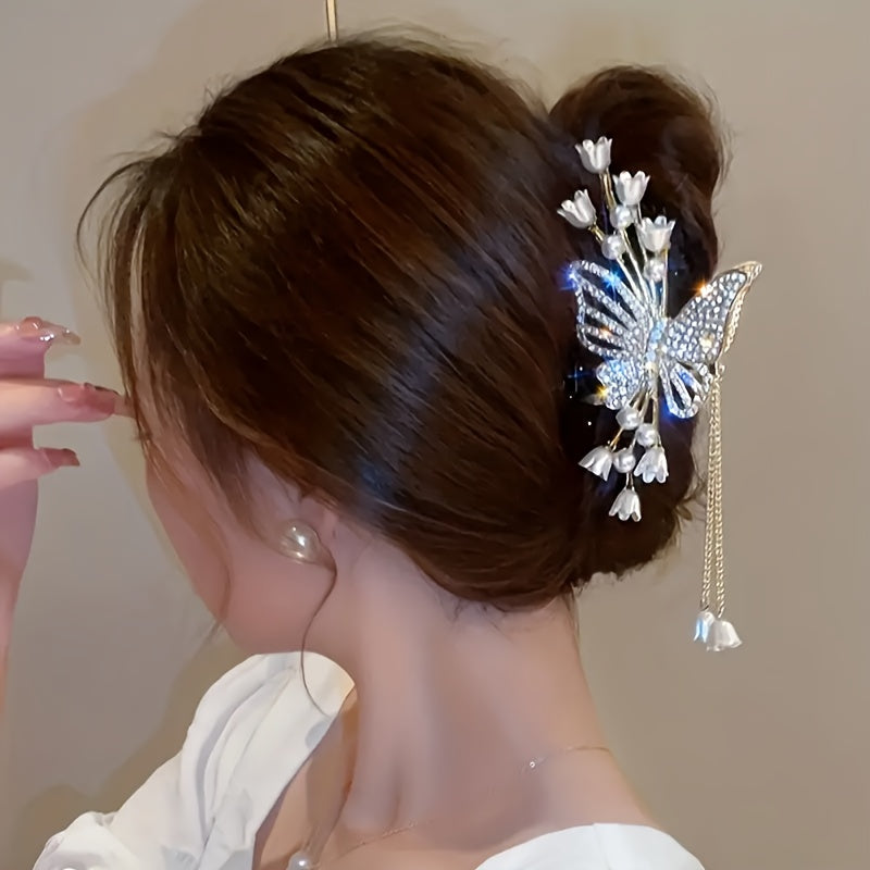 Elegant Butterfly Rhinestone Pearl Tassel Hair Clip – Large Zinc Alloy Fairy Accessory with Sparkling Crystals and Pearls, Perfect for Updos and Special Occasions, Butterfly Decorations