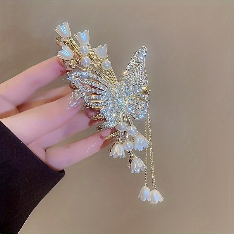 Elegante Schmetterlings-Haarnadeln aus Legierung mit Strasssteinen und Kunstperlen, große Haaraccessoires aus Metallquaste für Damen, perfekte Geschenkidee