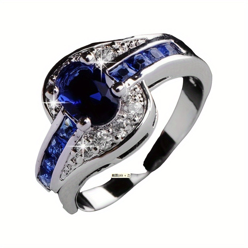 Elegant Blue Zirconia Ring - Chic & Simple Alloy Band with Sparkling Rhinestones, Perfect for Casual Attire or Gifting