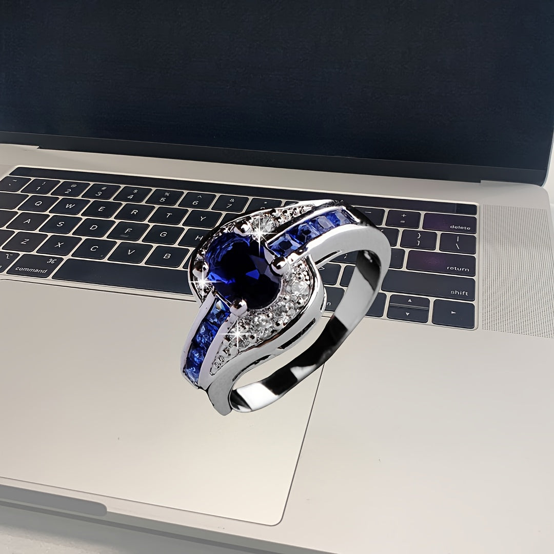 Eleganter Ring mit blauem Zirkonia – schickes und schlichtes Legierungsband mit funkelnden Strasssteinen, perfekt für die Freizeit oder als Geschenk