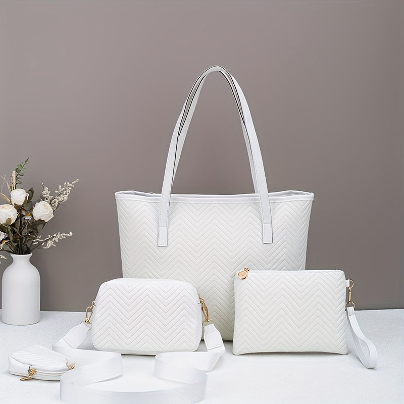 Flower-pressed Water Ripple Elegant Four-piece Set Tote Bag with Super Large Capacity Can Hold Tablet, Handbag, Crossbody Bag, Daily Commuting, Portable and Simple