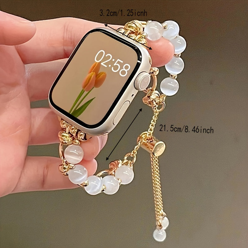 Elegant Women's Cat Eye Stone Bracelet Band Compatible with Apple Watch, Golden-Tone Alloy, Fits 38/40/41mm - Stylish Daily & Party Accessory