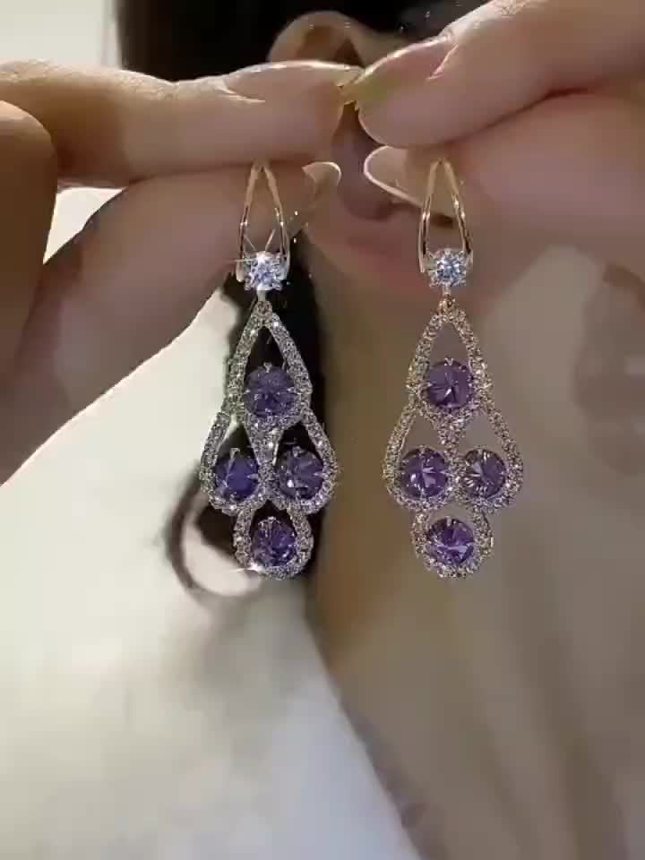 Elegant Purple Rhinestone Tassel Earrings - Luxury Water Drop Design, Alloy with 925 Silvery Posts for Women's Daily & Party Wear