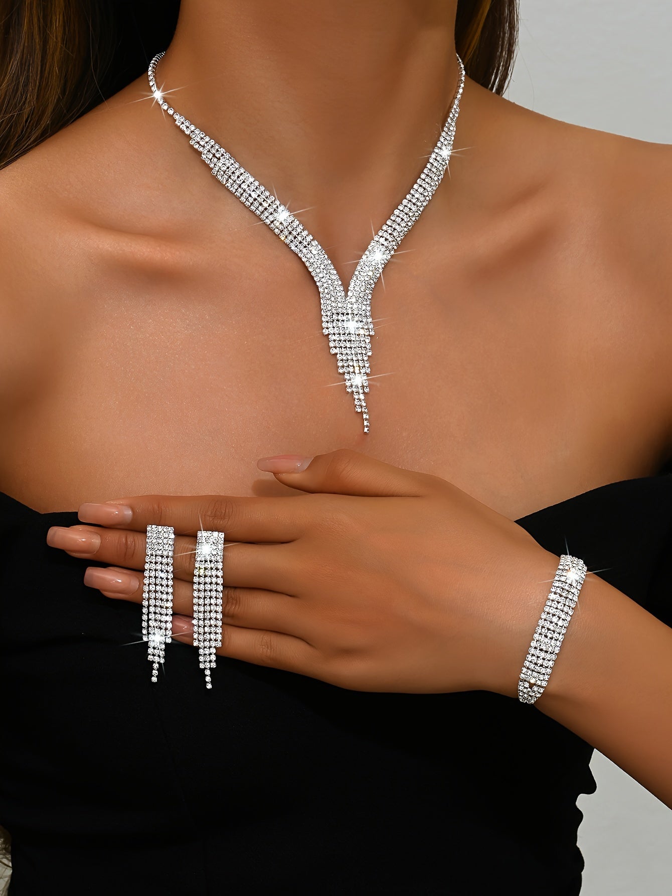 Elegant V-shaped Tassel Necklace, Silver Plated Copper Rhinestone Inlaid, Synthetic Stone, August Birthstone, Daily Party Occasion, Valentine'S Day Gift