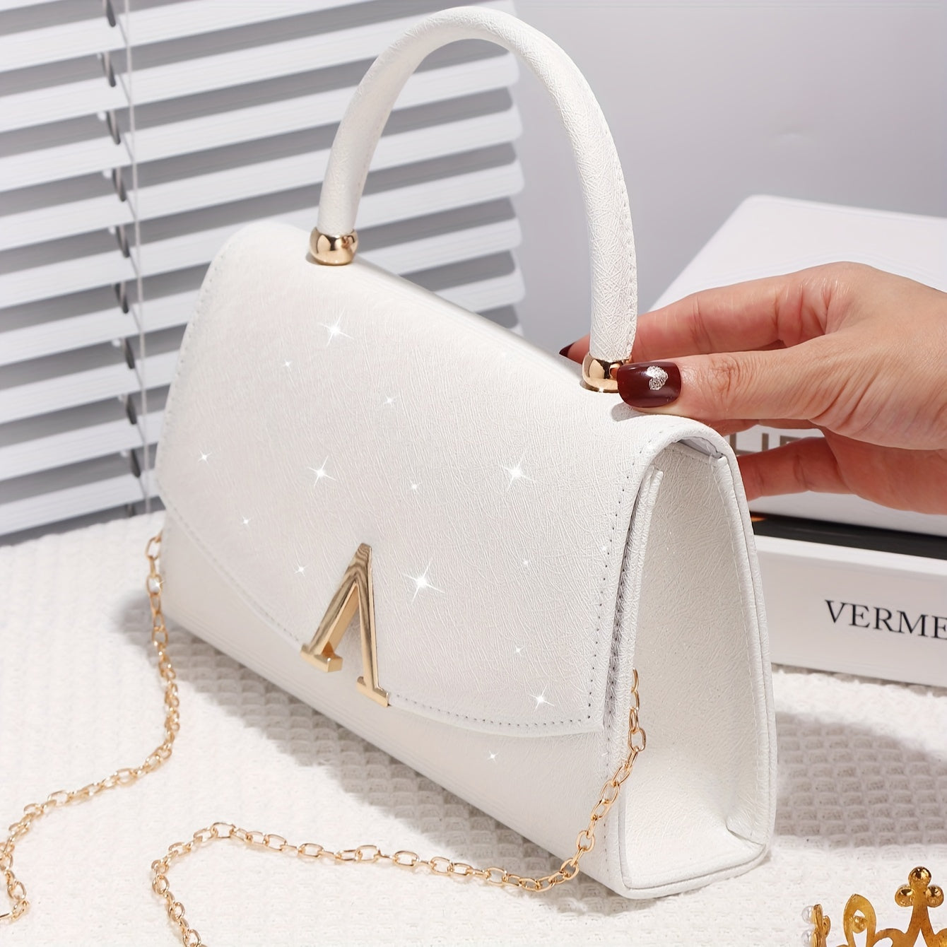 Elegant White Evening Clutch with Sequin Embellishment, Large Capacity Tote with V-Shaped Metal Detail, Anti-Theft Buckle Closure, Nylon Lined, Polyester Material, Urban Style for Weddings, Parties, Birthdays, Valentine'S Day