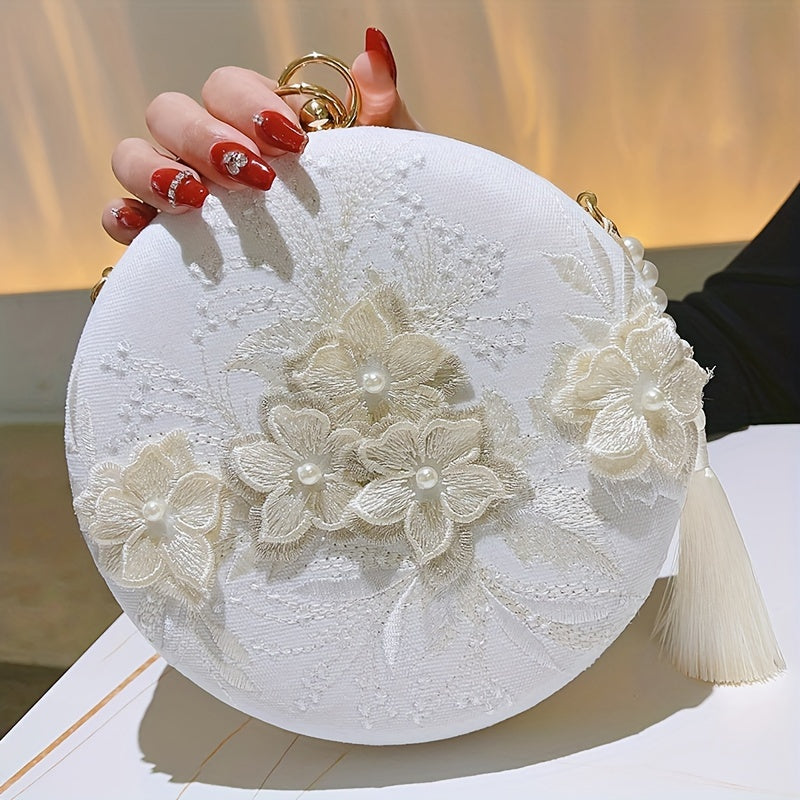 Floral Embroidery Round Evening Bag, Clutch Wedding Purse For Women, Party Banquet Flower Bag Hanfu Accessories