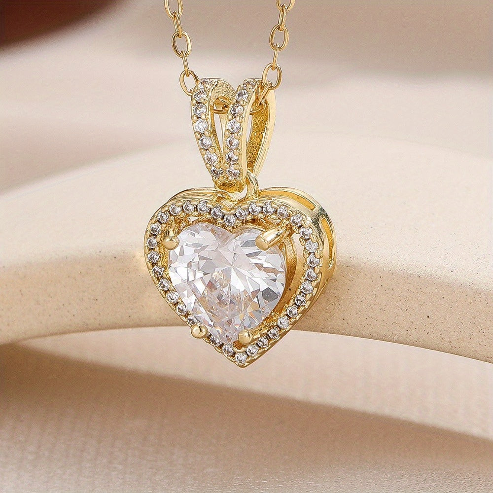 Elegant Stainless Steel Heart-Shaped Pendant Necklace with Cubic Zirconia - Perfect Valentine's Day Gift for Her