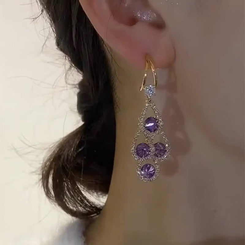 Elegant Purple Rhinestone Tassel Earrings - Luxury Water Drop Design, Alloy with 925 Silvery Posts for Women's Daily & Party Wear