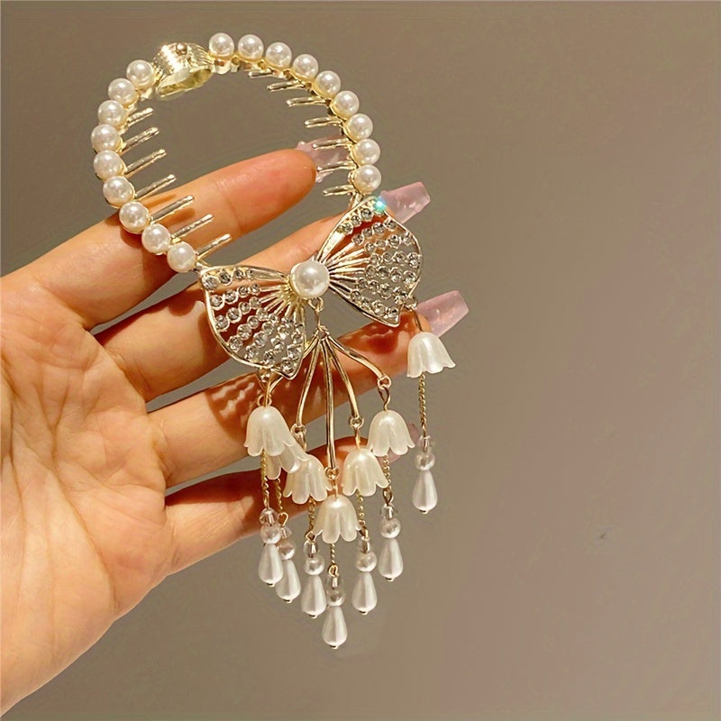 New High-end Bun Head Girl Retro Rhinestone Imitation Pearl Lily Of The Valley Back Hairpin