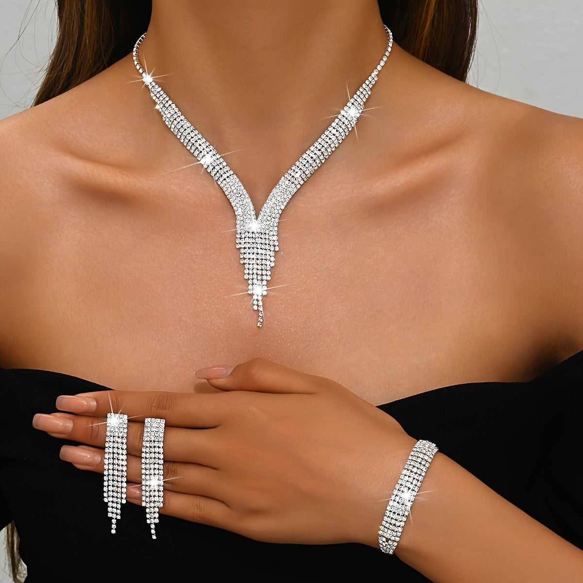 Elegant V-shaped Tassel Necklace, Silver Plated Copper Rhinestone Inlaid, Synthetic Stone, August Birthstone, Daily Party Occasion, Valentine'S Day Gift