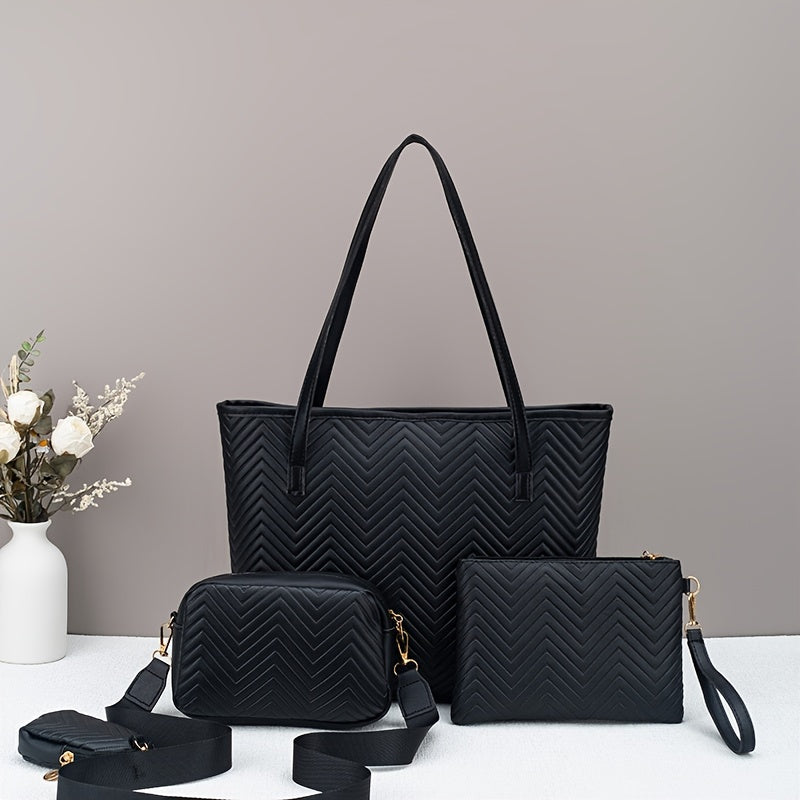 Flower-pressed Water Ripple Elegant Four-piece Set Tote Bag with Super Large Capacity Can Hold Tablet, Handbag, Crossbody Bag, Daily Commuting, Portable and Simple