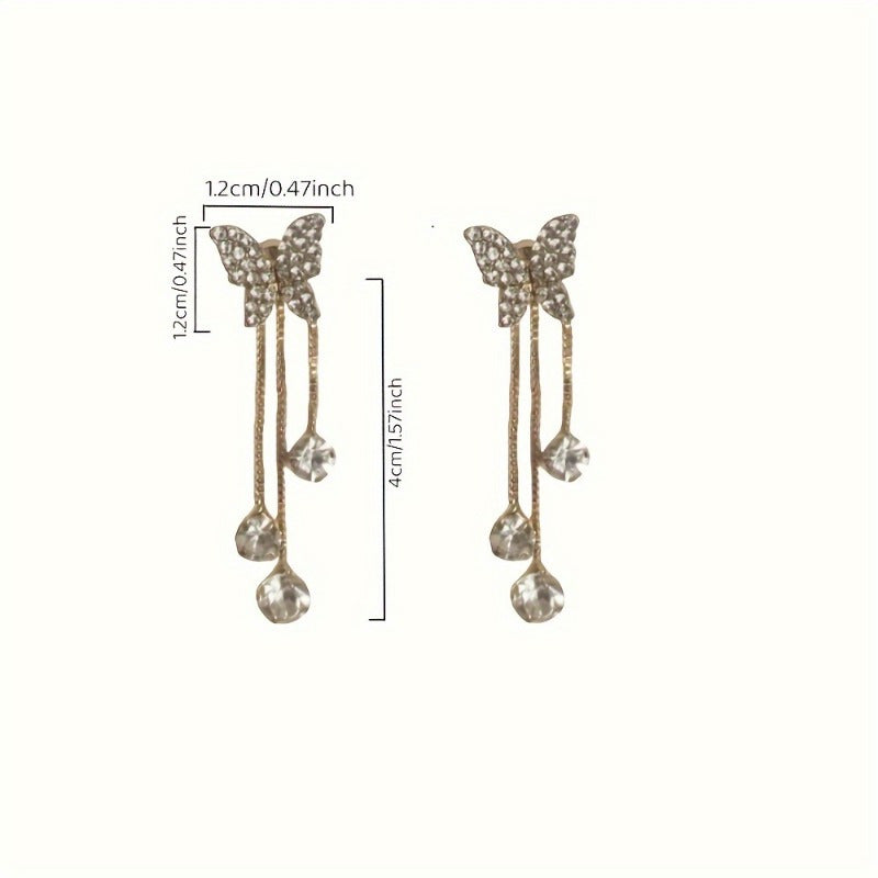 Elegant Butterfly Design Dangle Earrings with Sparkling Zirconia Accents - Golden-Tone Alloy, Perfect for Weddings & Everyday Glamour, Butterfly Earrings