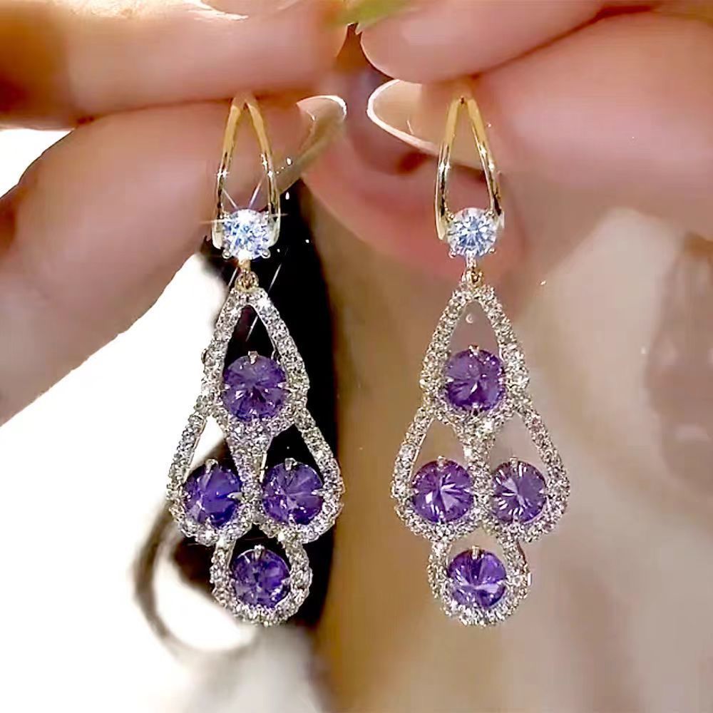 Elegant Purple Rhinestone Tassel Earrings - Luxury Water Drop Design, Alloy with 925 Silvery Posts for Women's Daily & Party Wear